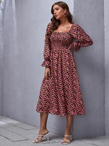 SHEIN Clasi Flounce Sleeve Shirred Floral Print Dress - Multicolor - View 3