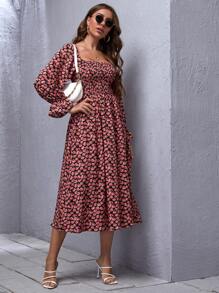 SHEIN Clasi Flounce Sleeve Shirred Floral Print Dress - Multicolor - View 4