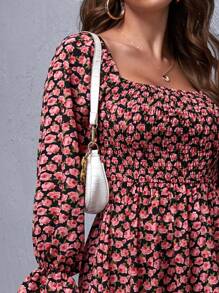 SHEIN Clasi Flounce Sleeve Shirred Floral Print Dress - Multicolor - View 5