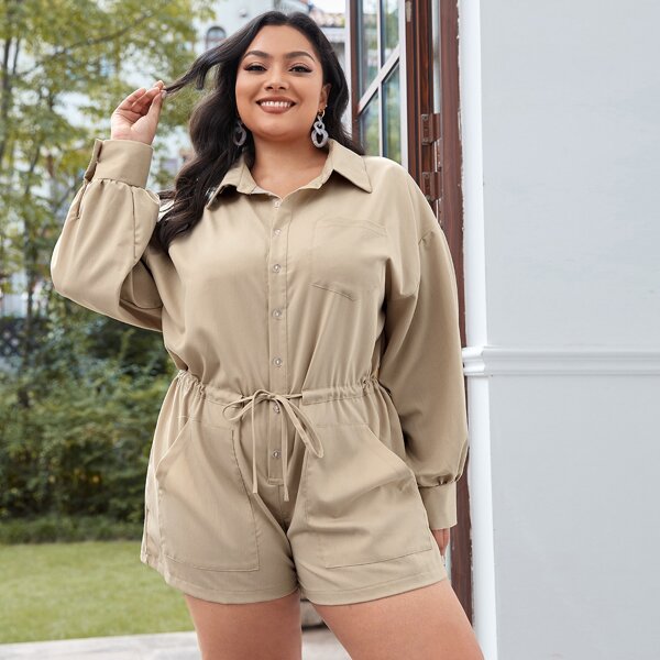 

Plus Collared Buttoned Front Drawstring Waist Romper, Khaki