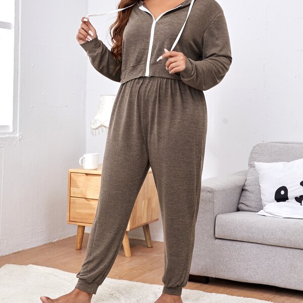 

Plus Zip Up Drawstring Hoodie & Pants Pajama Set, Mocha brown