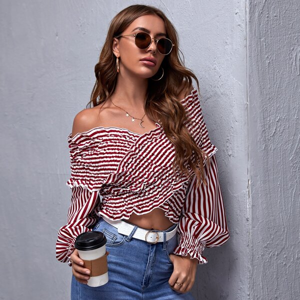 

Striped Print Shirred Bardot Top, Red and white