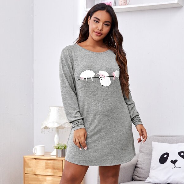 

Plus Cartoon Graphic Night Dress, Grey
