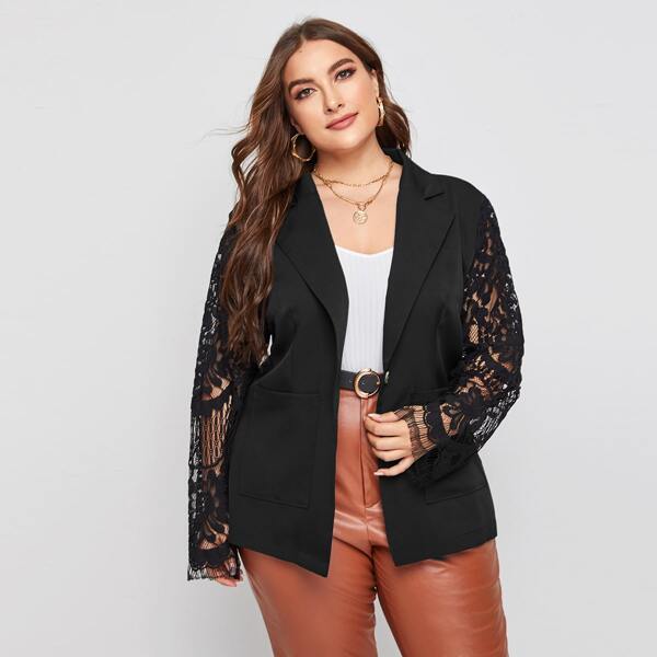 

Plus Notched Collar Pocket Front Lace Sleeve Blazer, Black