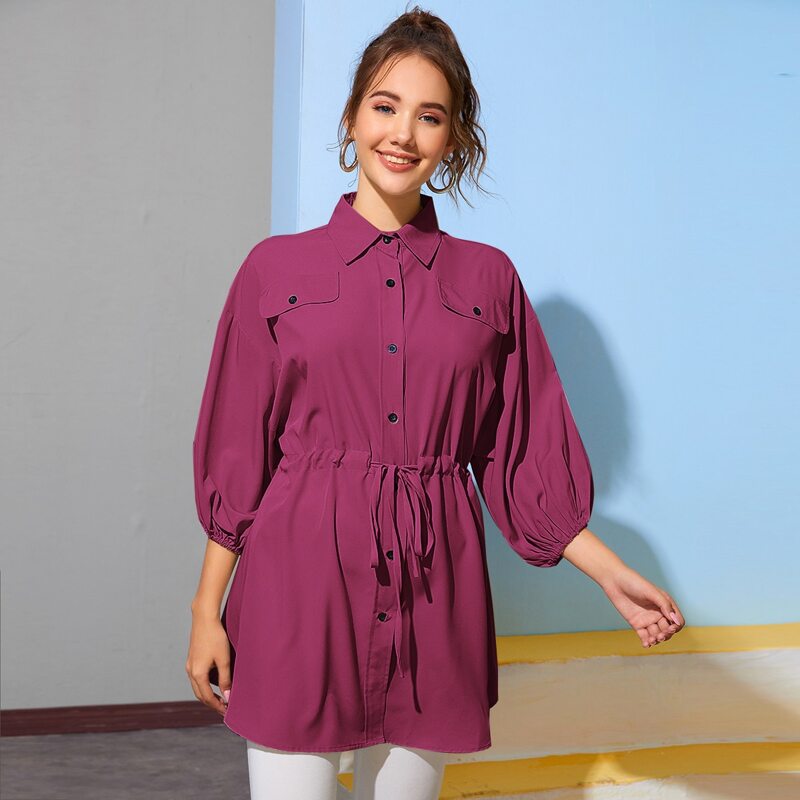 

Button Front Drawstring Waist Blouse, Purple