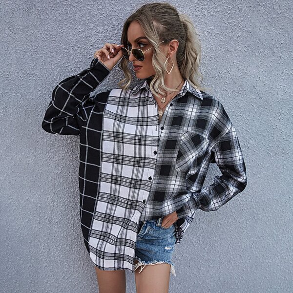 

Plaid Spliced Curved Hem Tunic Blouse, Black and white
