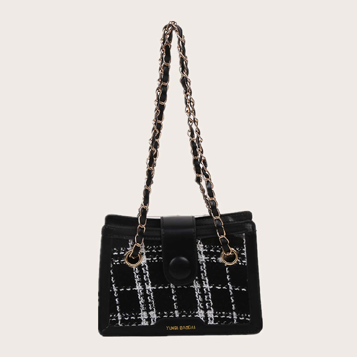 

Plaid Pattern Tweed Shoulder Bag, Black