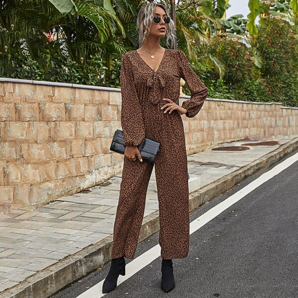 

Allover Print Knot Front Jumpsuit, Coffee brown