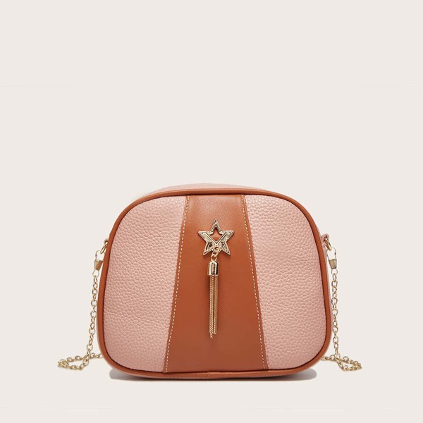 

Tassel Decor Color Block Crossbody Bag, Pink