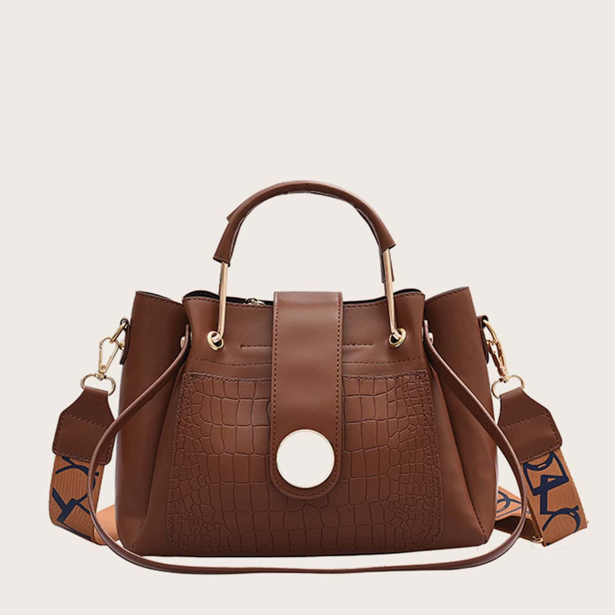 

Croc Embossed Satchel Bag, Brown