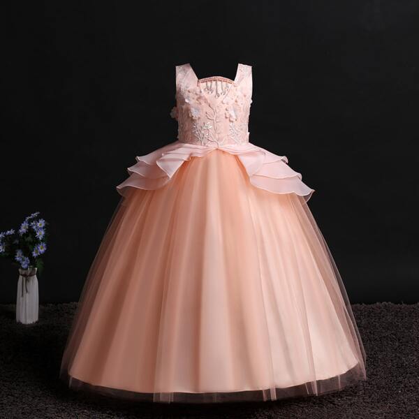 

Girls Appliques Rhinestone Mesh Panel Gown Dress, Pastel coral orange
