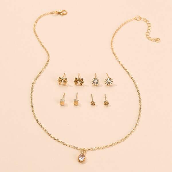 

1pc Rhinestone Pendant Necklace & 4pairs Stud Earrings, Gold