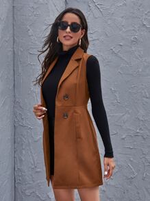 SHEIN Essnce Lapel Collar Double Breasted Vest Coat - Brown - View 5