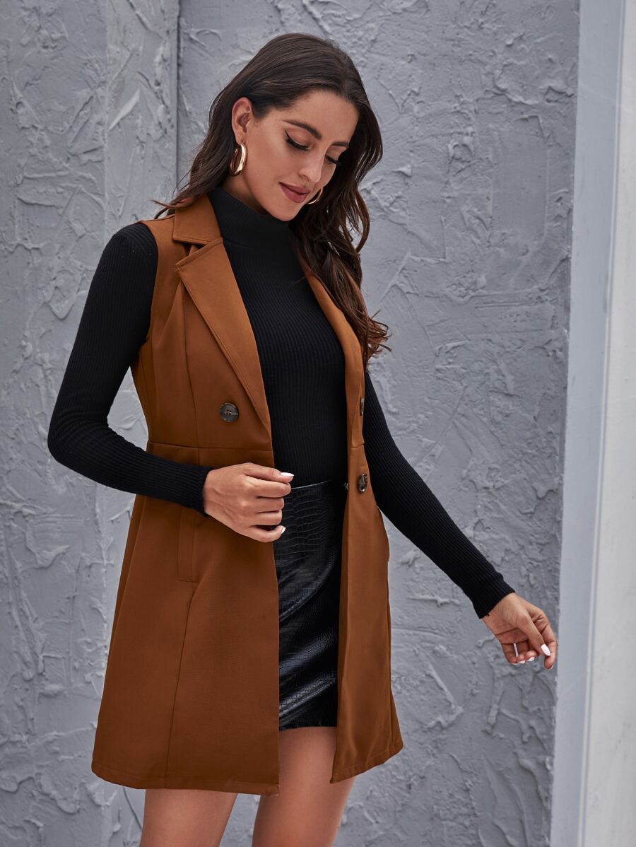 SHEIN Essnce Lapel Collar Double Breasted Vest Coat - Brown - View 1