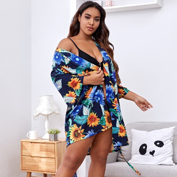 

Plus Sunflower Print Self Tie Robe, Multicolor