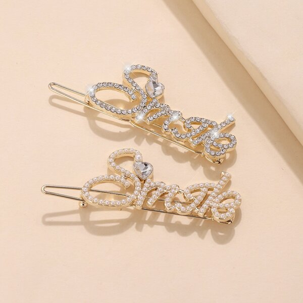 

2pcs Rhinestone & Faux Pearl Letter Decor Hair Clip, Gold