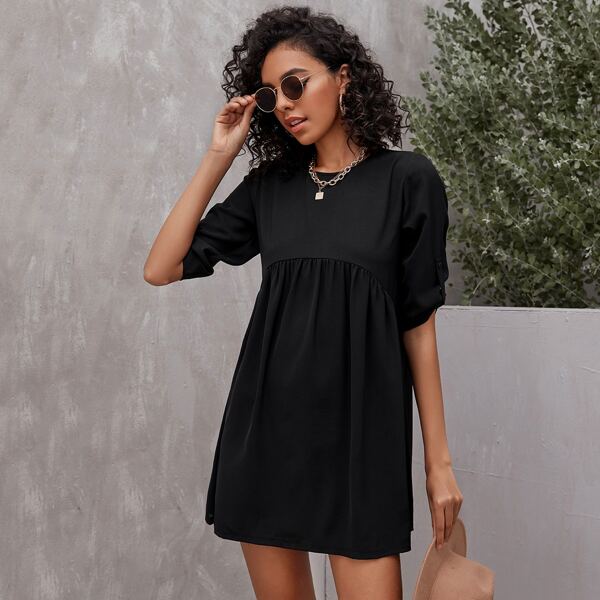

Roll Up Sleeve Babydoll Dress, Black