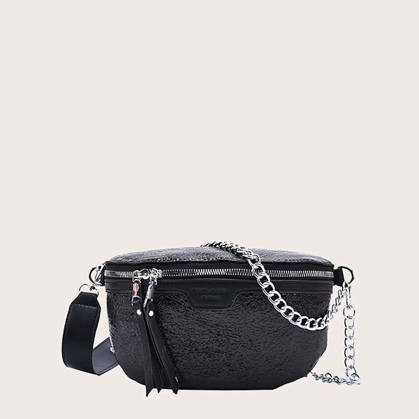 

Zip Front Chain Satchel Bag, Black