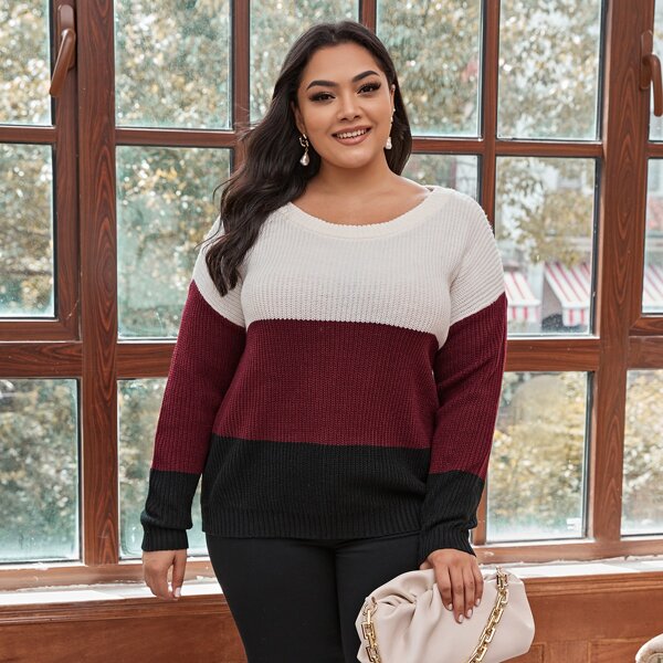 

Plus Color-block Drop Shoulder Sweater, Multicolor