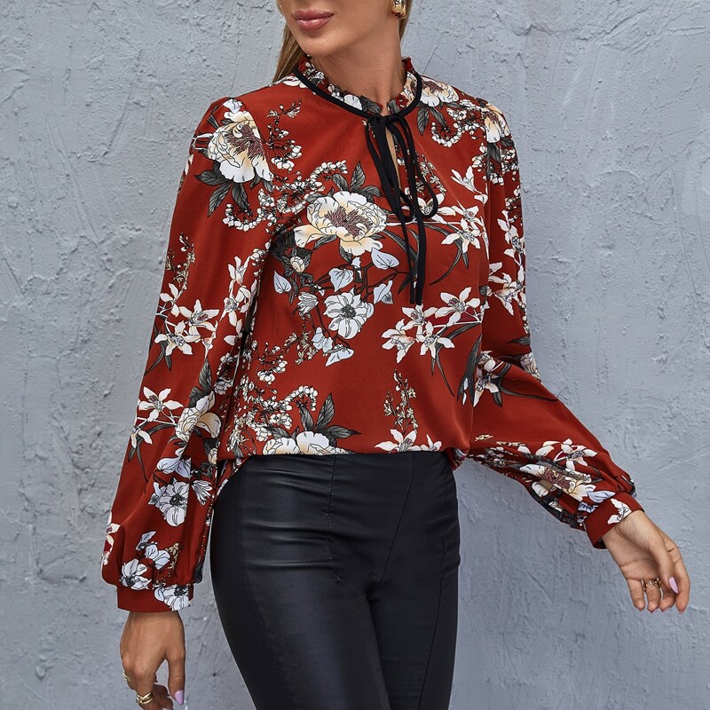 

Floral Print Frill Tie Neck Blouse, Multicolor