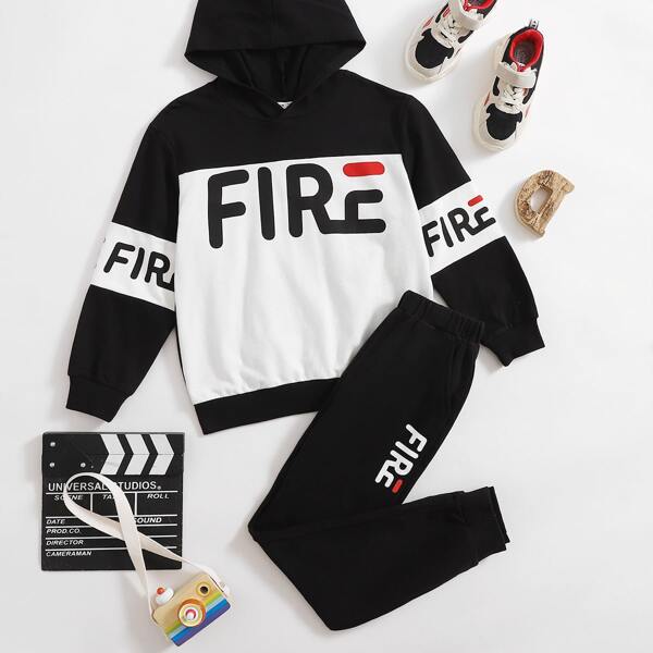 

Boys Letter Graphic Hoodie & Sweatpants Set, Black and white
