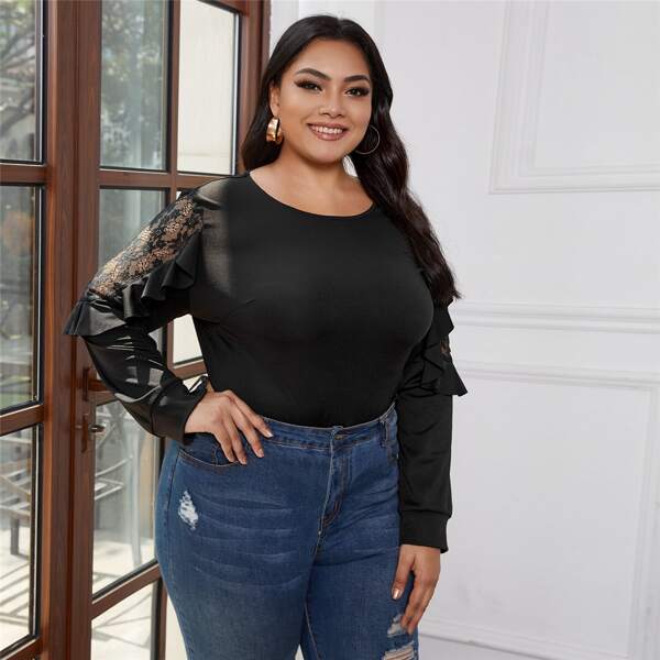 

Plus Contrast Lace Ruffle Trim Tee, Black
