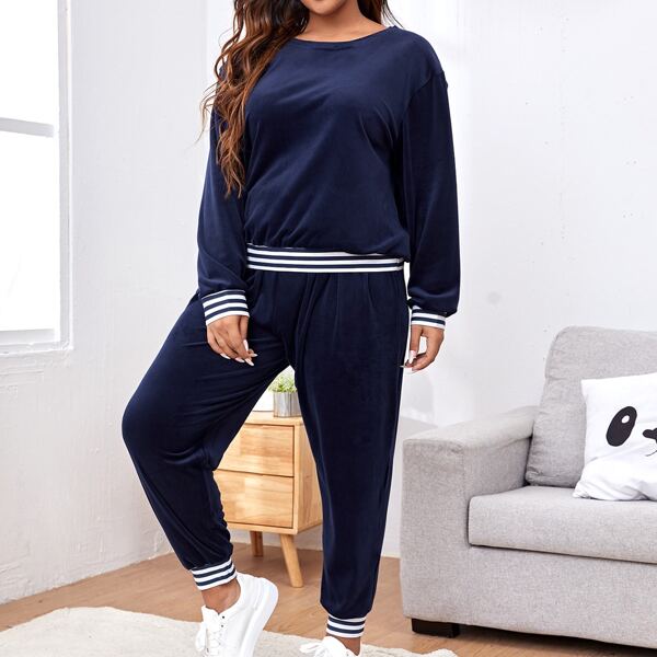 

Plus Velvet Striped Sweatshirt & Pants Pajama Set, Navy blue