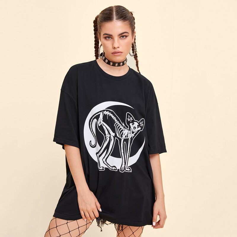 

Halloween Moon & Skull Graphic Oversized Tee, Black