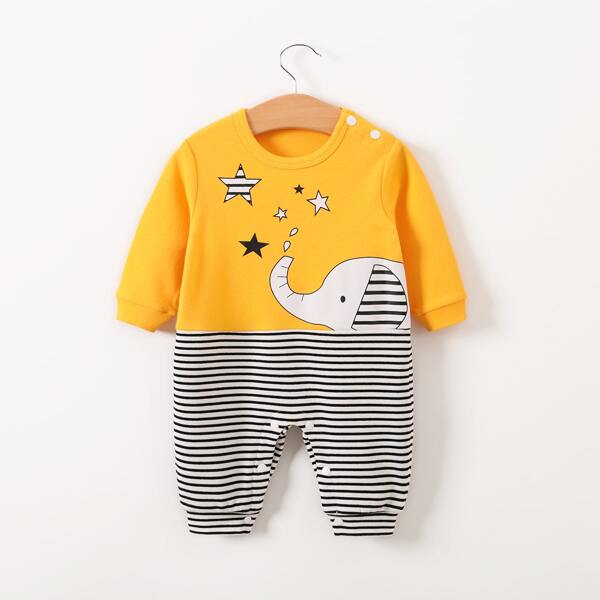 

Baby Boy Striped Elephant Print Button Jumpsuit, Multicolor