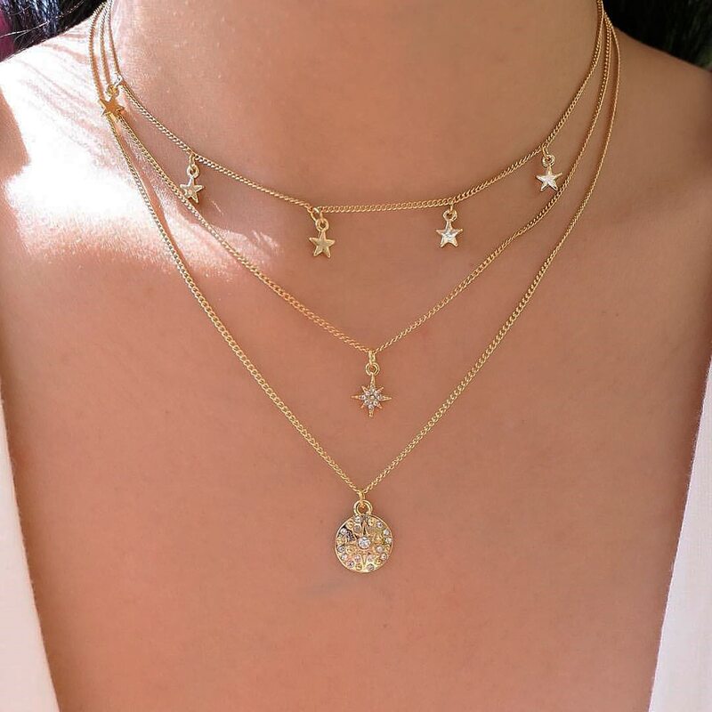 

Rhinestone Star Layered Necklace, Gold