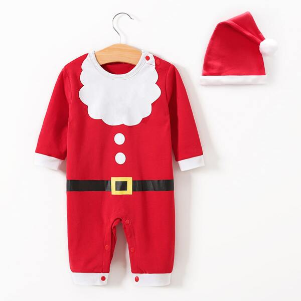 

Baby Boy Colorblock Christmas Button Jumpsuit With Hat, Red