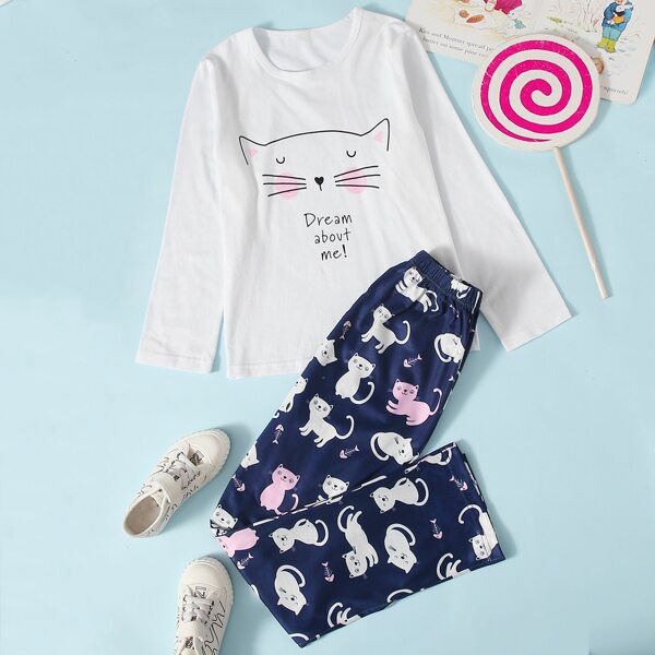 

Girls Slogan & Cat Print Tee & Pants PJ Set, Multicolor