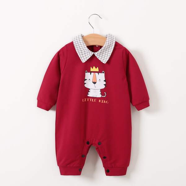 

Baby Boy Cat & Letter Graphic Contrast Collar Jumpsuit, Burgundy