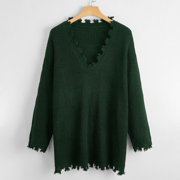 

Plus Distressed V-neck Longline Sweater, Dark green