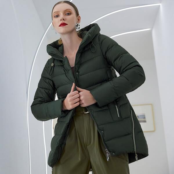 

Zipper & Button Placket Hooded Puffer Coat, Dark green