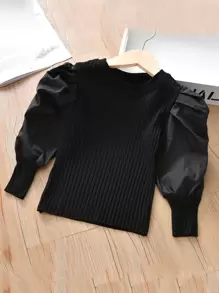 Camiseta tejida de canalé de manga farol - Negro - Ver 1