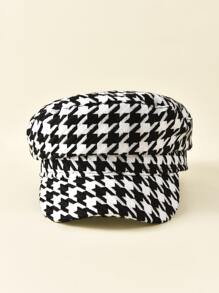 Houndstooth Pattern Baker Boy Cap - Black and White - View 2