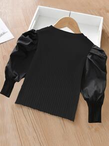 Camiseta tejida de canalé de manga farol - Negro - Ver 2