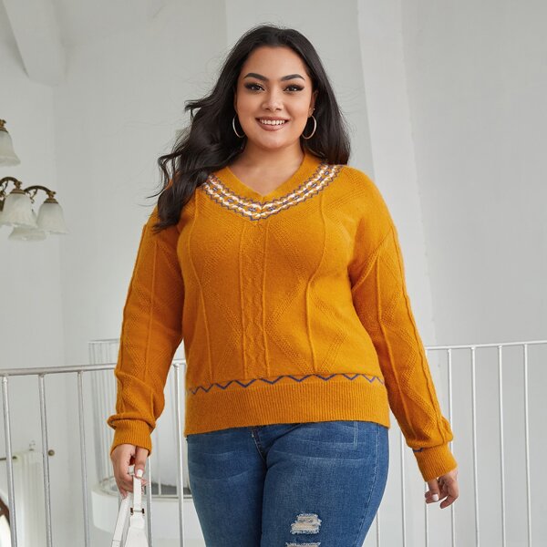 

Plus Chevron Pattern Drop Shoulder Sweater, Mustard yellow