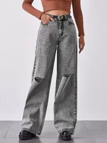 高腰破洞寬腿牛仔褲不帶腰帶