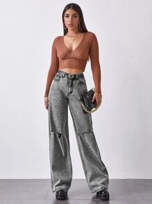 高腰破洞寬腿牛仔褲不帶腰帶