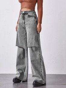 高腰破洞寬腿牛仔褲不帶腰帶