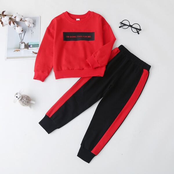 

Toddler Girls Slogan Graphic Rib-knit Neck Sweatshirt & Panel Sweatpants, Multicolor