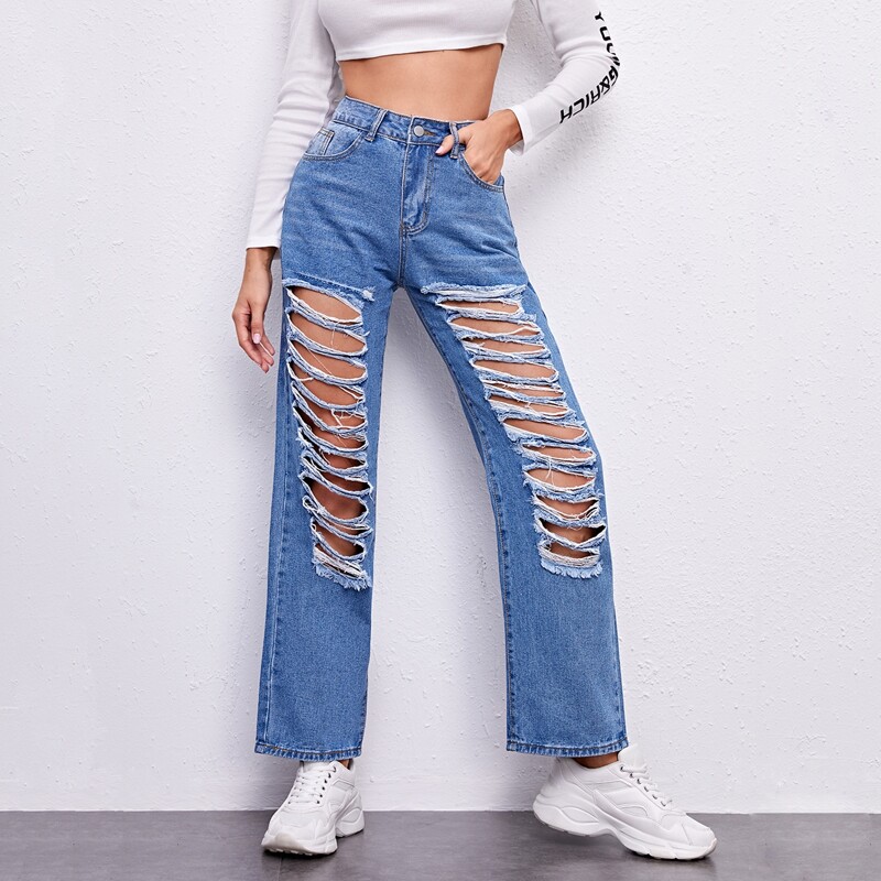 

Distressed Ripped High Rise Mom Jeans, Medium wash