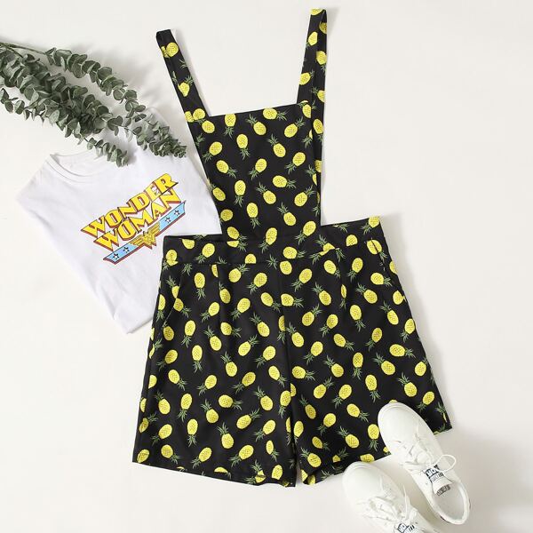

Plus Allover Pineapple Print Overall Romper, Multicolor