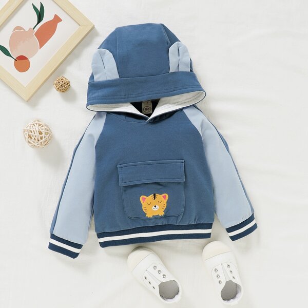 

Baby Boy Cartoon Print Colorblock Hoodie, Dusty blue