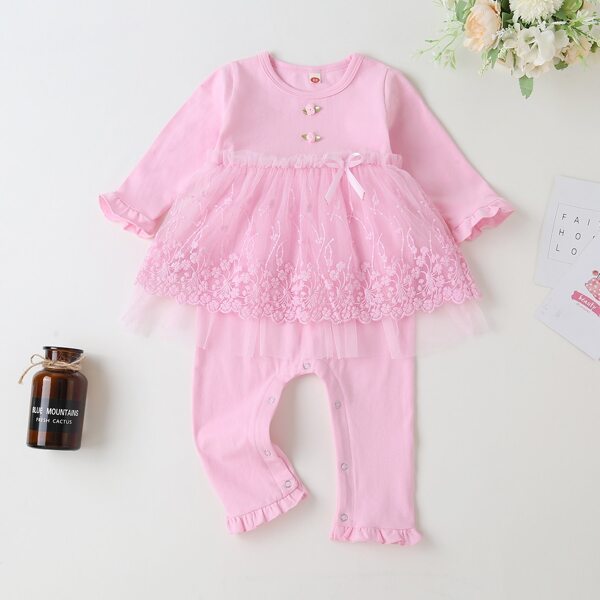 

Baby Girl Embroidery Mesh Panel Frill Trim Jumpsuit, Baby pink