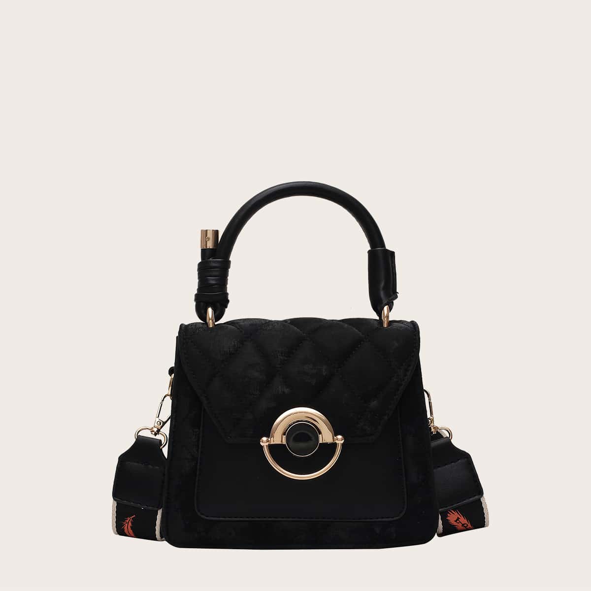 

Top Handle Quilted Satchel Bag, Black