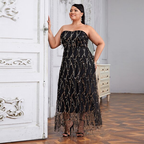 

Plus Contrast Sequin Mesh Tube Dress, Black