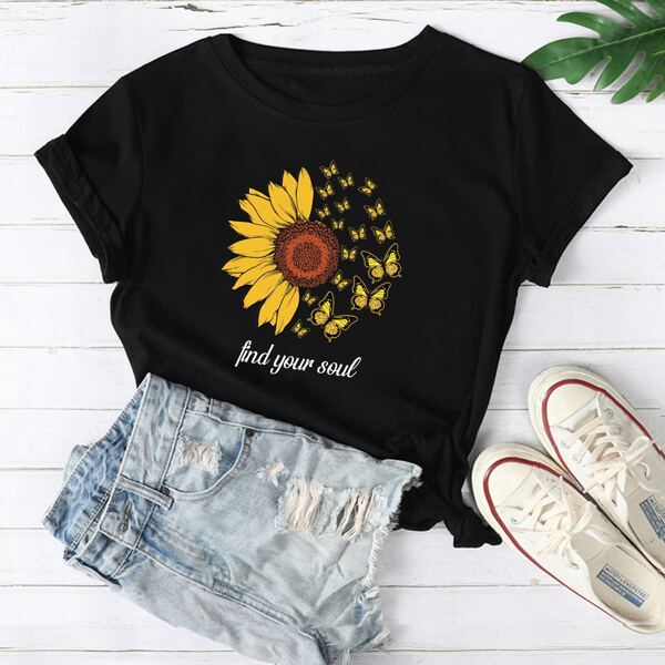 

Sunflower & Butterfly Print Tee, Black